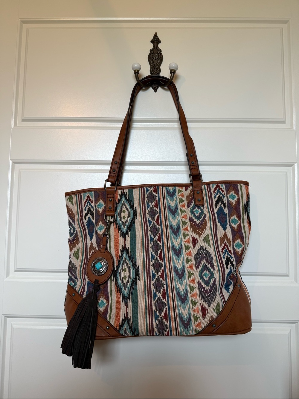 Justin Boots Brown Southwestern Canvas Tote with Turquoise Accent